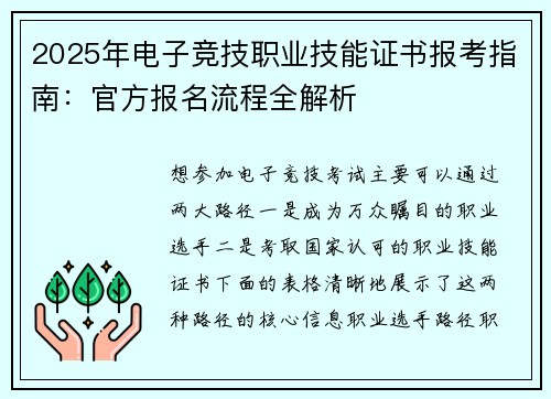 2025年电子竞技职业技能证书报考指南：官方报名流程全解析 